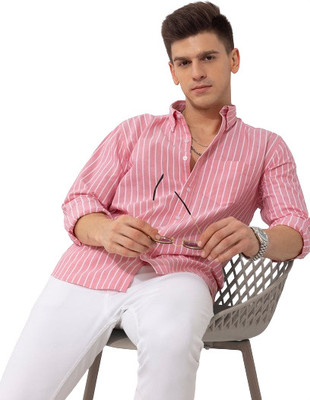U TURN Men Striped Casual Pink, White Shirt