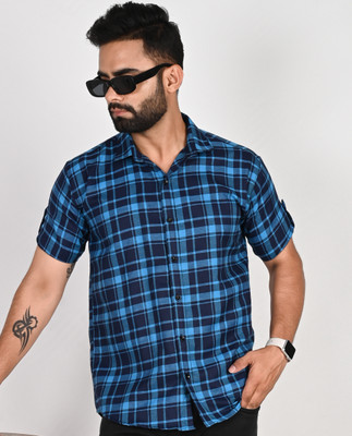Tanip Men Checkered Casual Light Blue Shirt