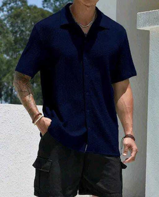 SHFASHION Men Self Design Casual Dark Blue Shirt