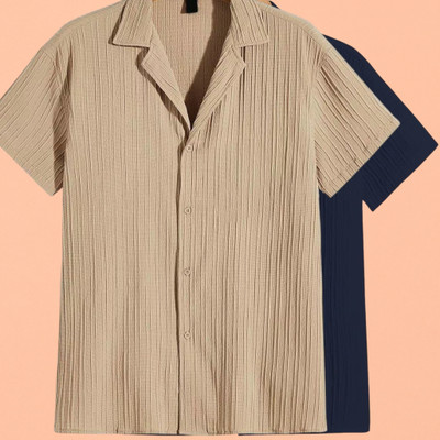 Looksky Men Self Design Casual Dark Blue, Beige Shirt(Pack of 2)