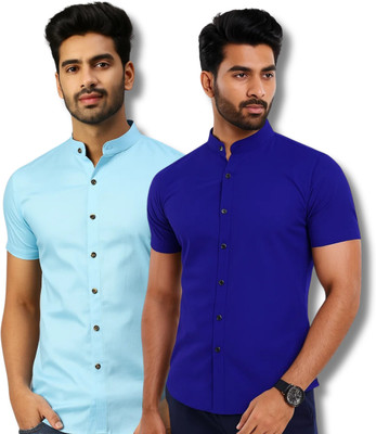 COTTONCHHAP Men Solid Casual Light Blue, Dark Blue Shirt(Pack of 2)