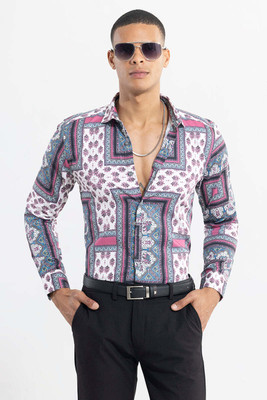 Snitch Men Printed Casual Pink Shirt