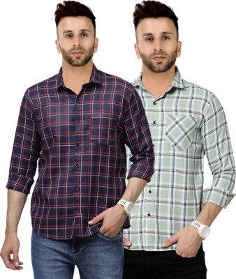 allan peter Men Checkered Casual Dark Blue, Green Shirt(Pack of 2)