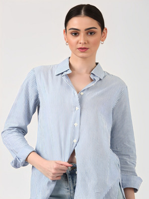 MAYKR Women Striped Casual Blue Shirt