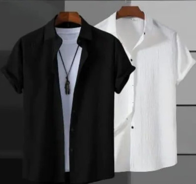 dev enterprise Men Solid Casual White, Black Shirt(Pack of 2)