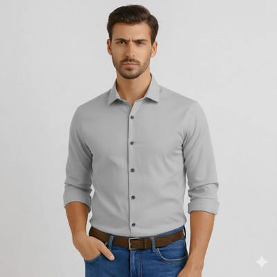HouseOfCommon Men Solid Casual Grey Shirt