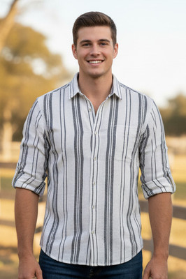 Sylora Men Striped Casual White, Beige Shirt