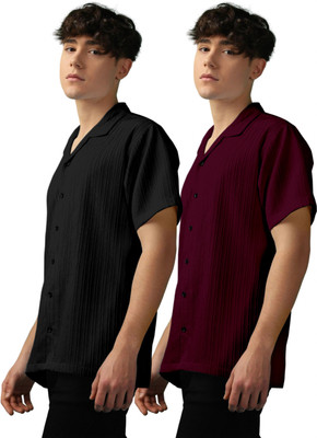 OXXOM Men Self Design Casual Black, Maroon Shirt(Pack of 2)