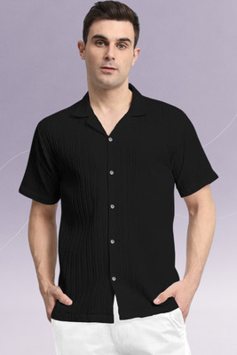 A DEEMOON TREND Men Self Design Casual Black Shirt