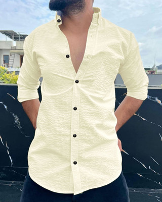 QSHOPQ Men Self Design Casual Yellow Shirt