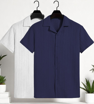 FUBACK Men Striped Casual Beige Shirt(Pack of 2)