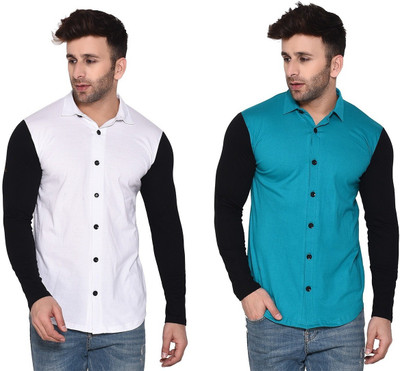 GEUM Men Solid Casual White, Green Shirt(Pack of 2)
