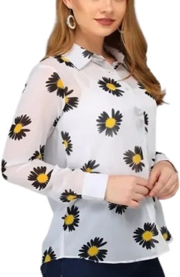 Kiwaoo Women Floral Print Formal White, Black Shirt