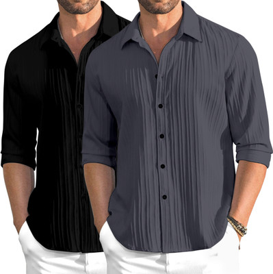OXXOM Men Self Design Casual Black, Grey Shirt(Pack of 2)