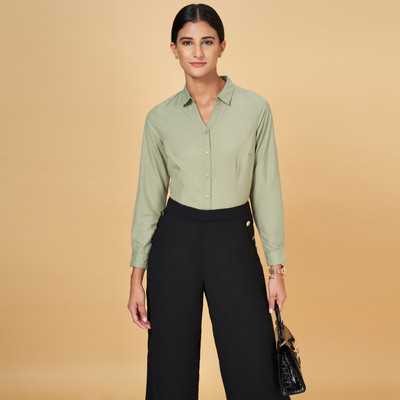 Annabelle by Pantaloons Women Solid Casual Light Green Shirt
