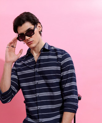 HIGHLANDER Men Striped Casual Dark Blue, Grey Shirt