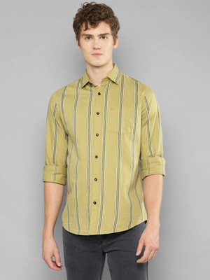 Allen Cooper Men Striped Casual Green, Grey Shirt