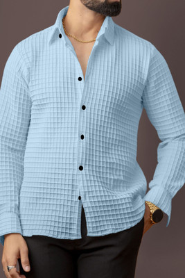 STOVESSY Men Self Design Casual Light Blue Shirt