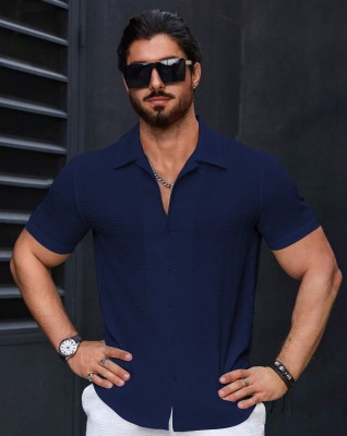 Hssojitra Men Self Design Casual Dark Blue Shirt