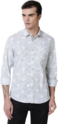 IndoCotton Men Printed Casual White, Grey Shirt