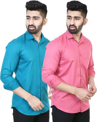 Feel high Men Solid Casual Light Blue, Pink Shirt(Pack of 2)