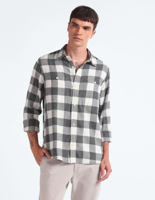 FLYING MACHINE Men Checkered Casual Grey, White Shirt