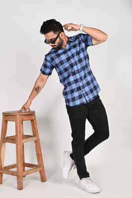 METRONAUT Men Checkered Casual Light Blue Shirt