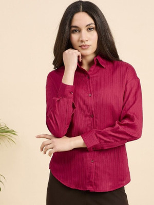 AA-HA! Women Self Design Casual Maroon Shirt
