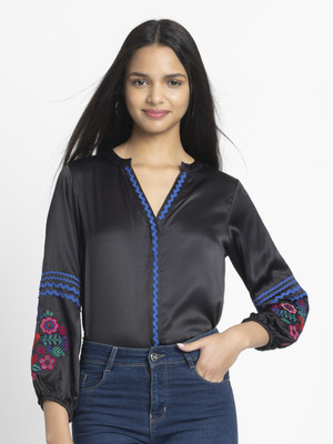 SHAYE SHAYE Women Embroidered Casual Black Shirt