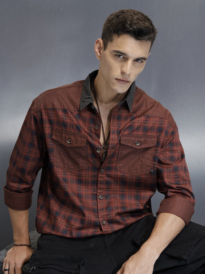 WROGN Men Checkered Casual Brown Shirt