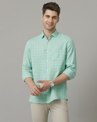 Linen Club Men Checkered Casual Green Shirt