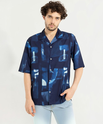 Snitch Men Printed Casual Dark Blue, White, Blue Shirt