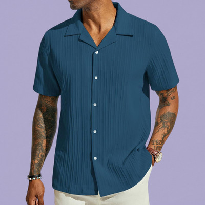 A Sti Men Self Design Casual Blue Shirt