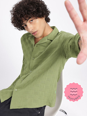 Glitchez Men Self Design Casual Green Shirt