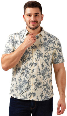 Bullmer Men Printed Casual Cream, Grey Shirt