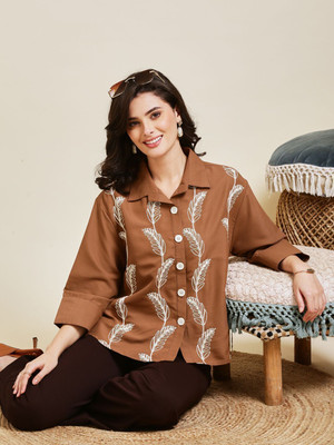J TURRITOPSIS Women Embroidered Casual Brown Shirt