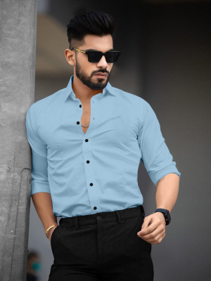 LAADLI Men Solid Formal Light Blue Shirt