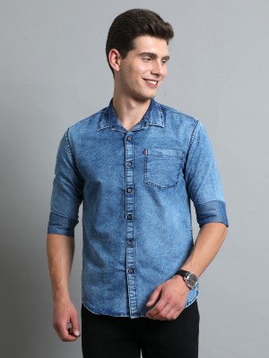 Regrowth Men Washed Casual Blue Shirt