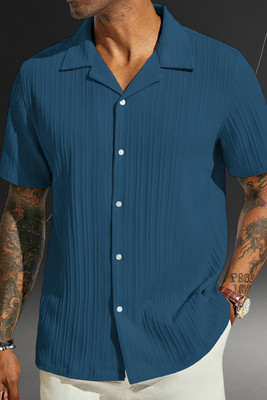 A DEEMOON TREND Men Striped, Self Design Casual Blue Shirt