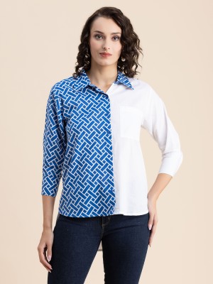 moomaya Women Animal Print Casual Blue, White Shirt