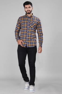 Shs store Men Checkered Casual Yellow Shirt