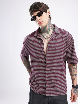 Glitchez Men Striped Casual Purple Shirt