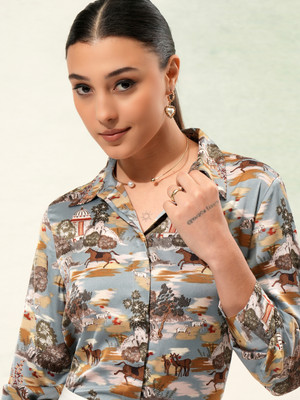 Tokyo Talkies Women Printed Casual Blue Shirt