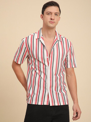 Voroxy Men Striped Casual Pink, White Shirt