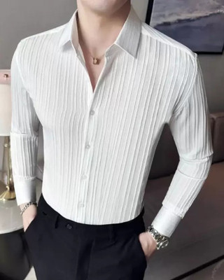 TorontoCN Men Self Design Casual White Shirt
