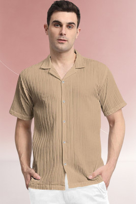 A DEEMOON TREND Men Self Design Casual Cream Shirt