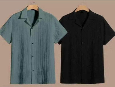 VRLOOKS Men Self Design Casual Dark Green, Black Shirt(Pack of 2)