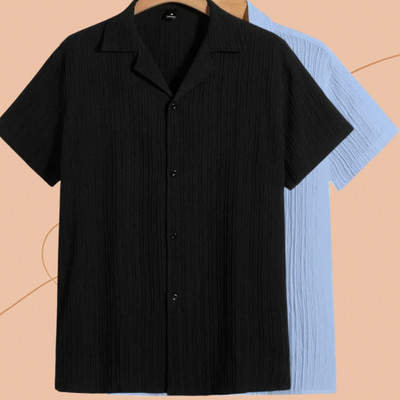 Jenil Fashion Men Self Design Casual Black, Light Blue Shirt(Pack of 2)