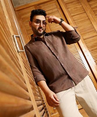 Instafab Plus Men Self Design Casual Brown Shirt