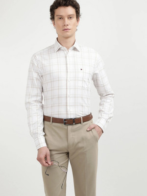 TOMMY HILFIGER Men Checkered Formal Beige, White Shirt